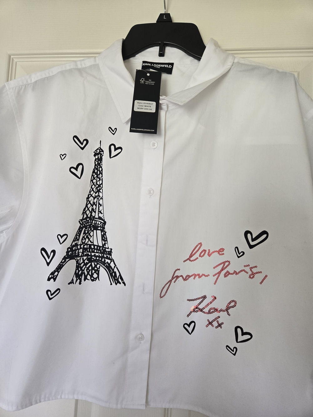 Karl Lagerfeld White Button-Down Shirt with Eiffel Tower and Red Script Accents